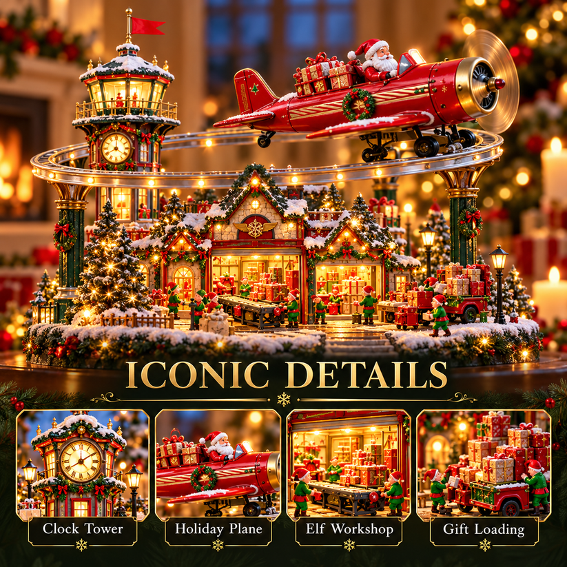Miniature North Pole elf workshop Christmas village scene